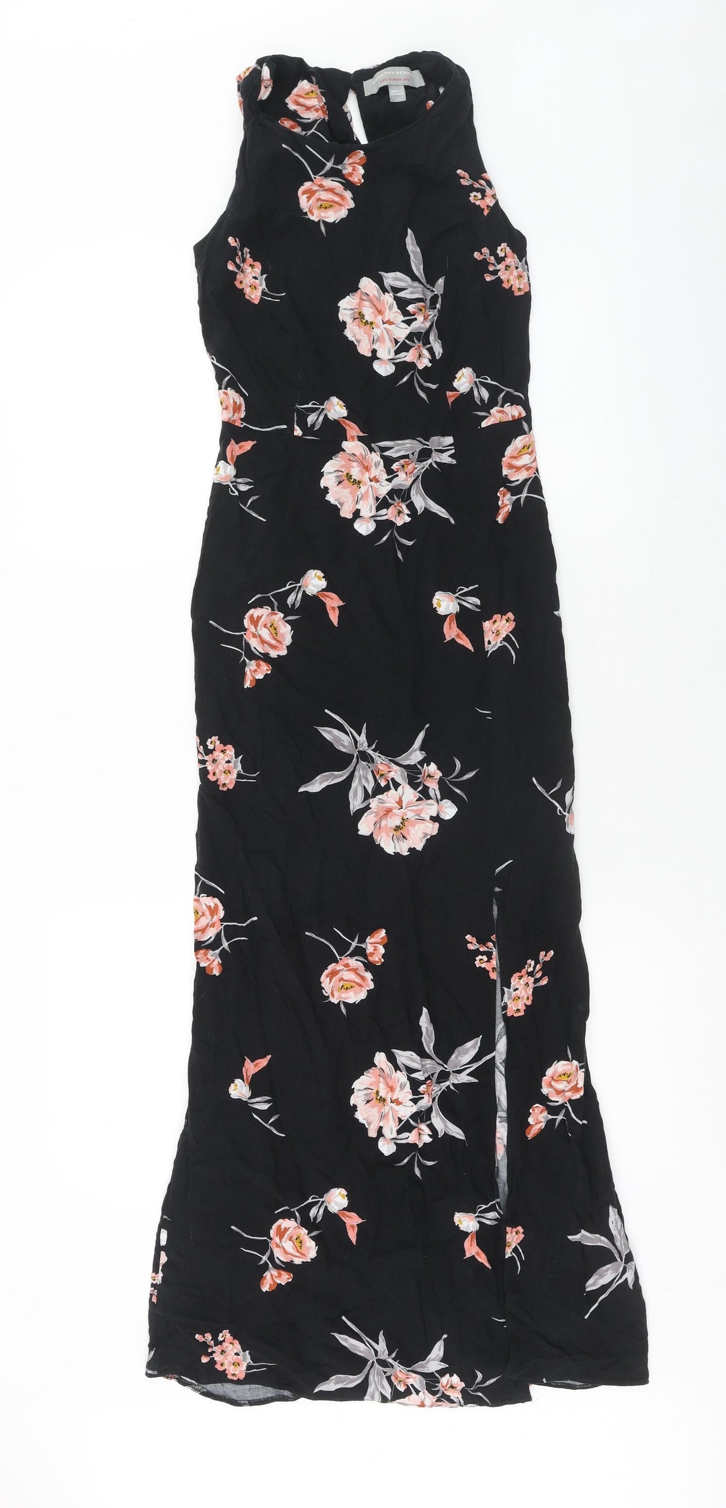 Dorothy Perkins Womens Black Floral Viscose Maxi Size 6 Boat Neck Button