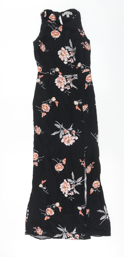 Dorothy Perkins Womens Black Floral Viscose Maxi Size 6 Boat Neck Button