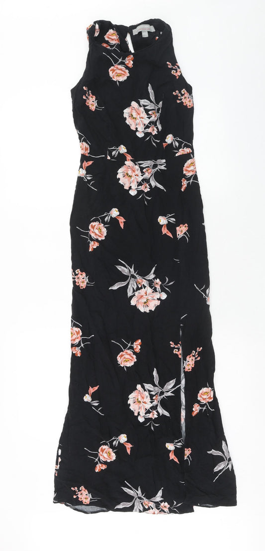 Dorothy Perkins Womens Black Floral Viscose Maxi Size 6 Boat Neck Button