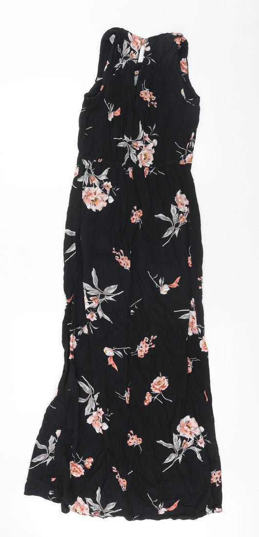 Dorothy Perkins Womens Black Floral Viscose Maxi Size 6 Boat Neck Button