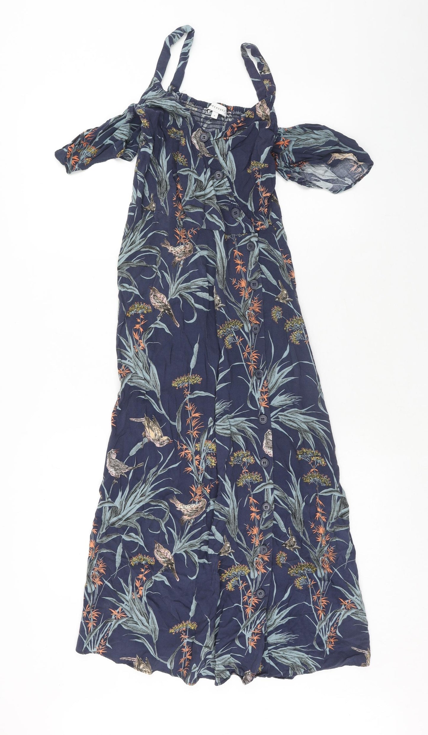 Warehuse Womens Blue Floral Viscose A-Line Size 6 Square Neck Button - Shirred Back