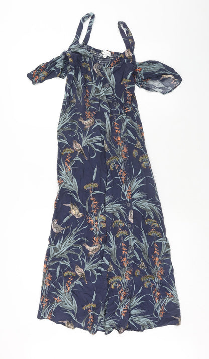 Warehuse Womens Blue Floral Viscose A-Line Size 6 Square Neck Button - Shirred Back