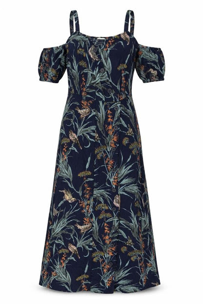 Warehuse Womens Blue Floral Viscose A-Line Size 6 Square Neck Button - Shirred Back