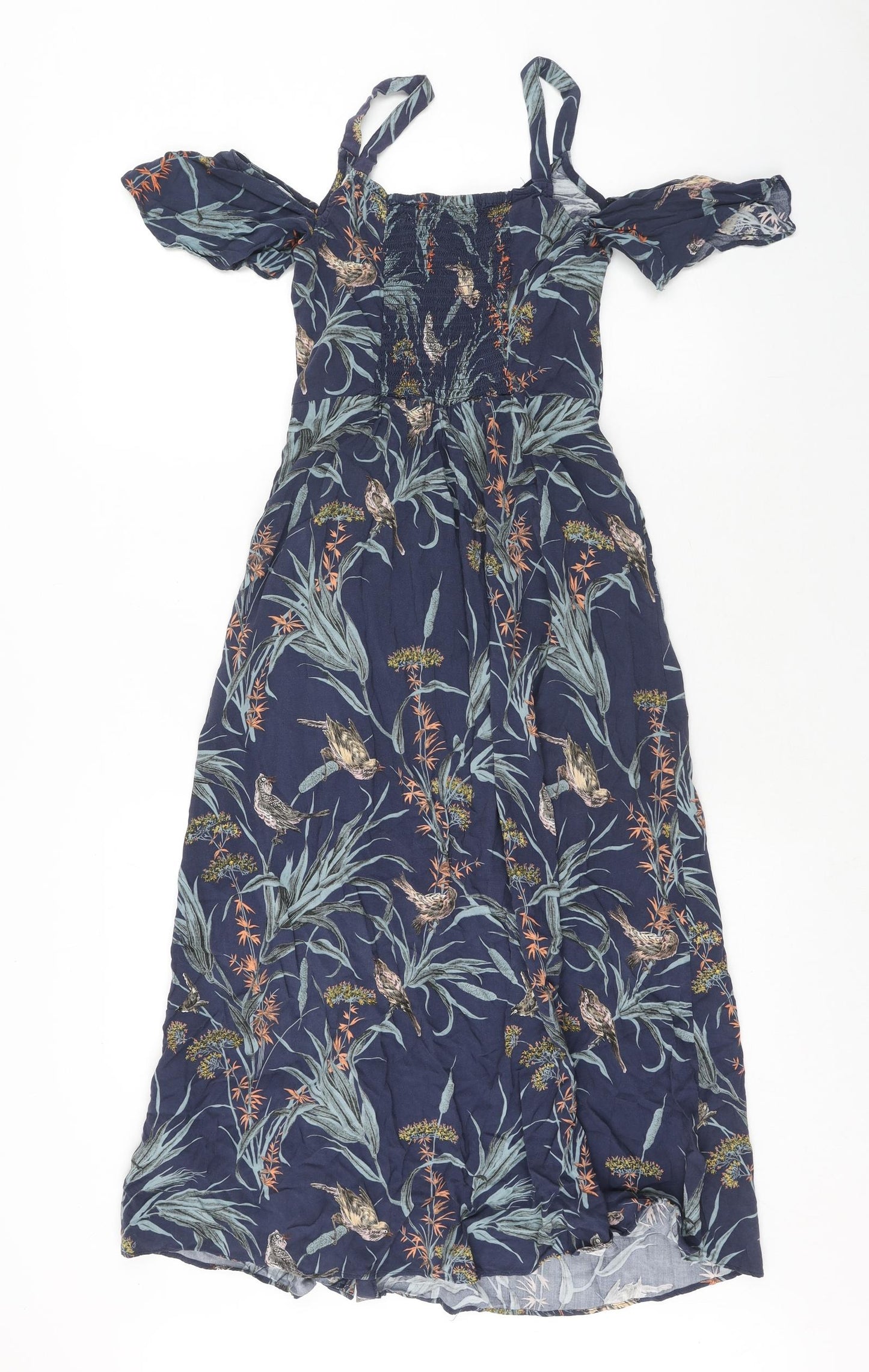 Warehuse Womens Blue Floral Viscose A-Line Size 6 Square Neck Button - Shirred Back