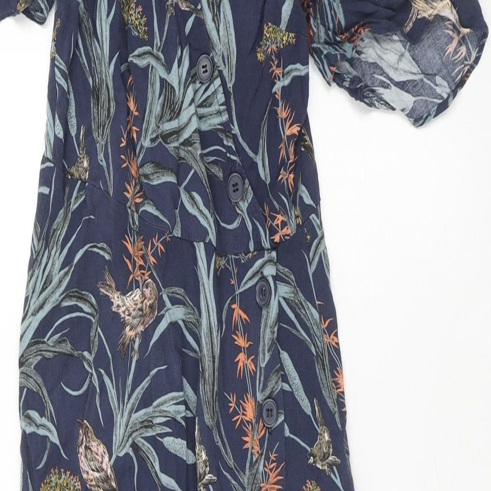Warehuse Womens Blue Floral Viscose A-Line Size 6 Square Neck Button - Shirred Back
