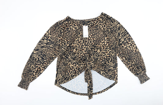 Lipsy Womens Brown Animal Print Viscose Basic Blouse Size 12 V-Neck - Leopard Print Tie Front