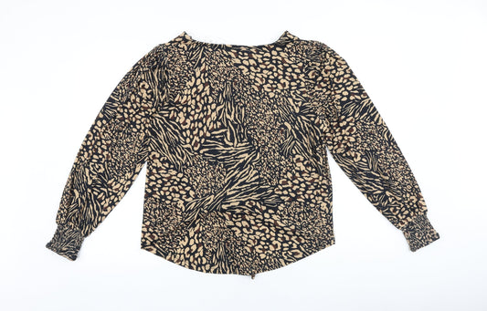 Lipsy Womens Brown Animal Print Viscose Basic Blouse Size 12 V-Neck - Leopard Print Tie Front