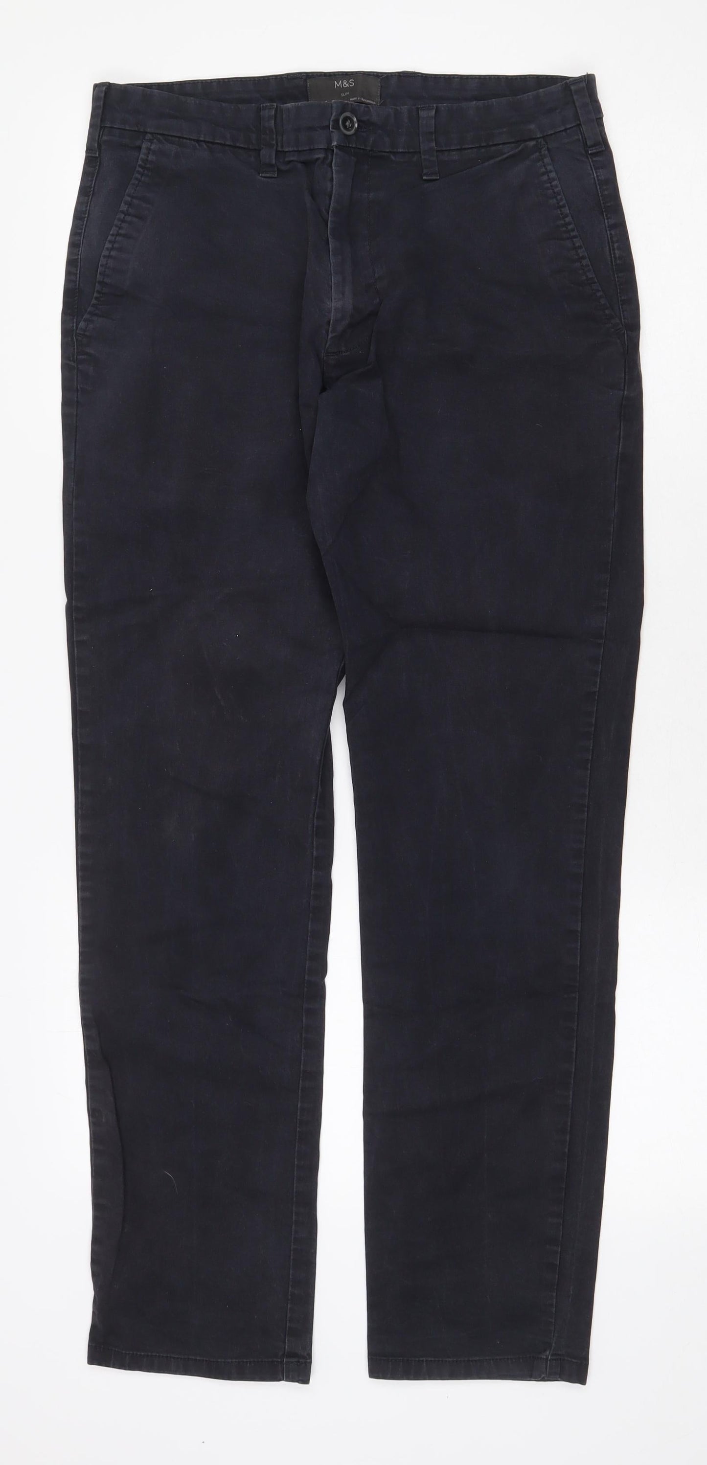 Marks and Spencer Mens Blue Cotton Trousers Size 32 in Regular Zip