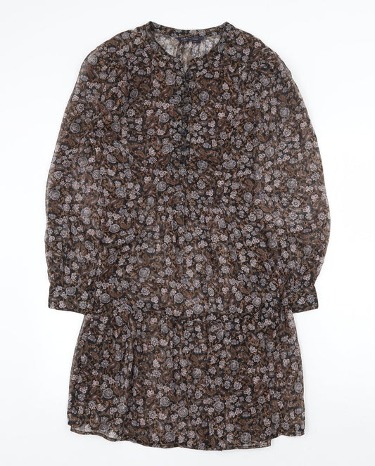 Marks and Spencer Womens Brown Floral Polyester A-Line Size 6 Round Neck Button