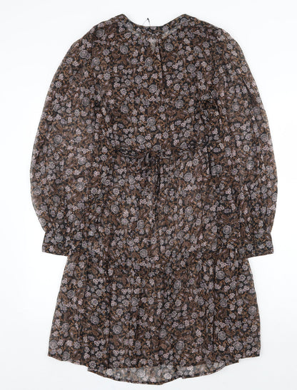 Marks and Spencer Womens Brown Floral Polyester A-Line Size 6 Round Neck Button
