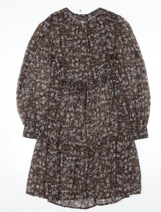Marks and Spencer Womens Brown Floral Polyester A-Line Size 6 Round Neck Button