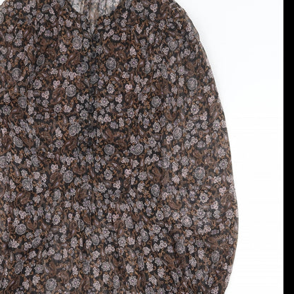 Marks and Spencer Womens Brown Floral Polyester A-Line Size 6 Round Neck Button