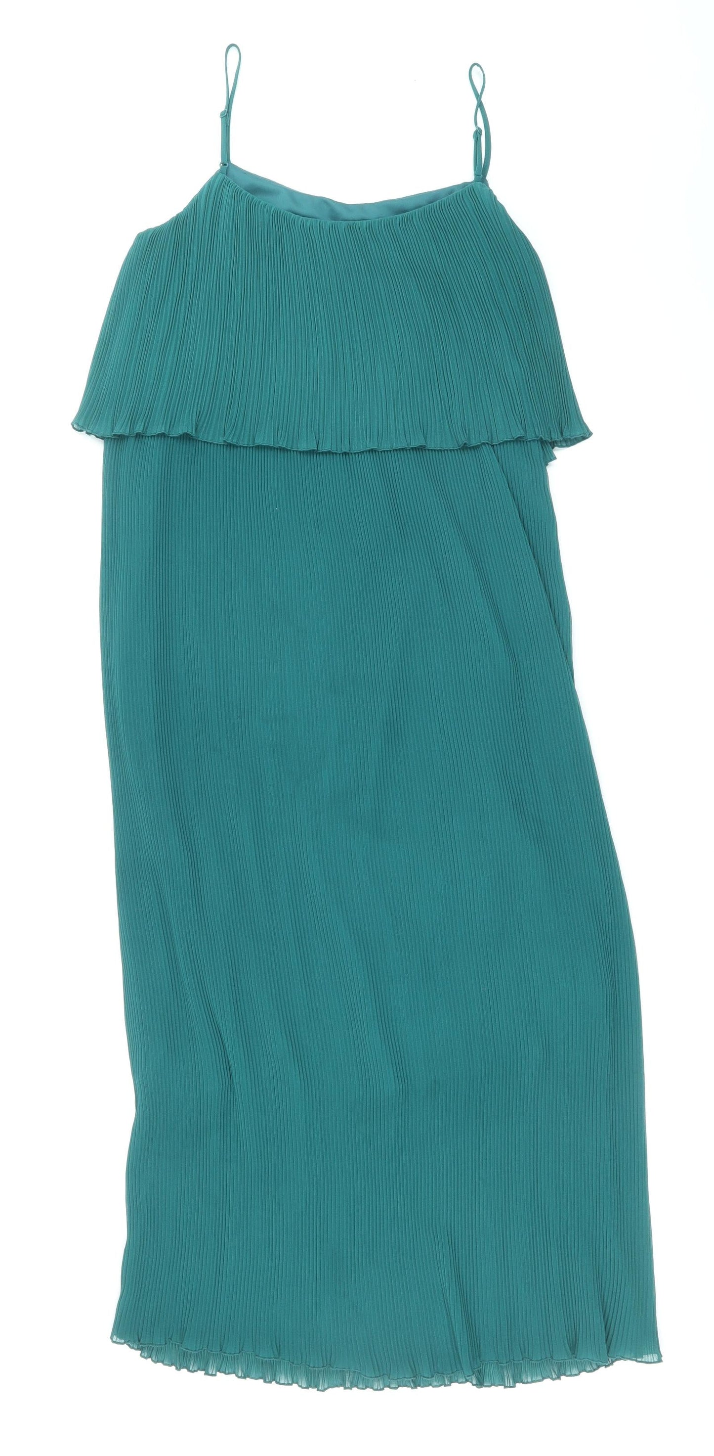Marks and Spencer Womens Green Polyester Slip Dress Size 10 Square Neck Pullover - Plisse