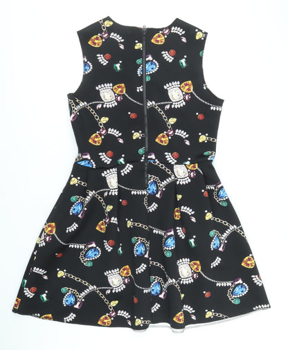 H&M Womens Black Geometric Polyester Skater Dress Size L Round Neck Zip