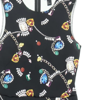 H&M Womens Black Geometric Polyester Skater Dress Size L Round Neck Zip