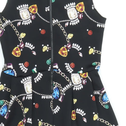H&M Womens Black Geometric Polyester Skater Dress Size L Round Neck Zip
