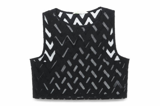 Preworn Womens Black Geometric Viscose Cropped Tank Size M Round Neck