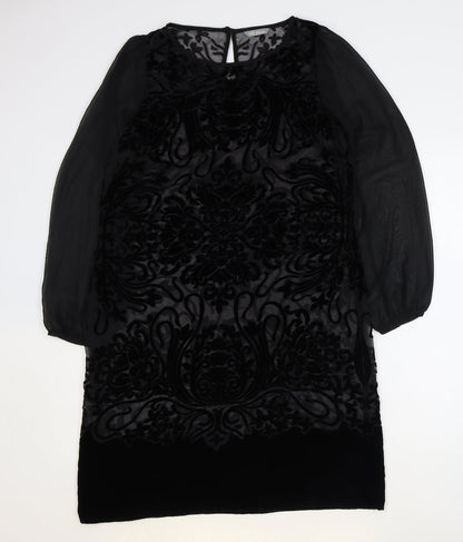 Marks and Spencer Womens Black Paisley Viscose Sheath Size 12 Boat Neck Button - Sheer Sleeves