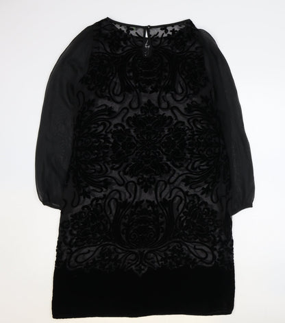 Marks and Spencer Womens Black Paisley Viscose Sheath Size 12 Boat Neck Button - Sheer Sleeves