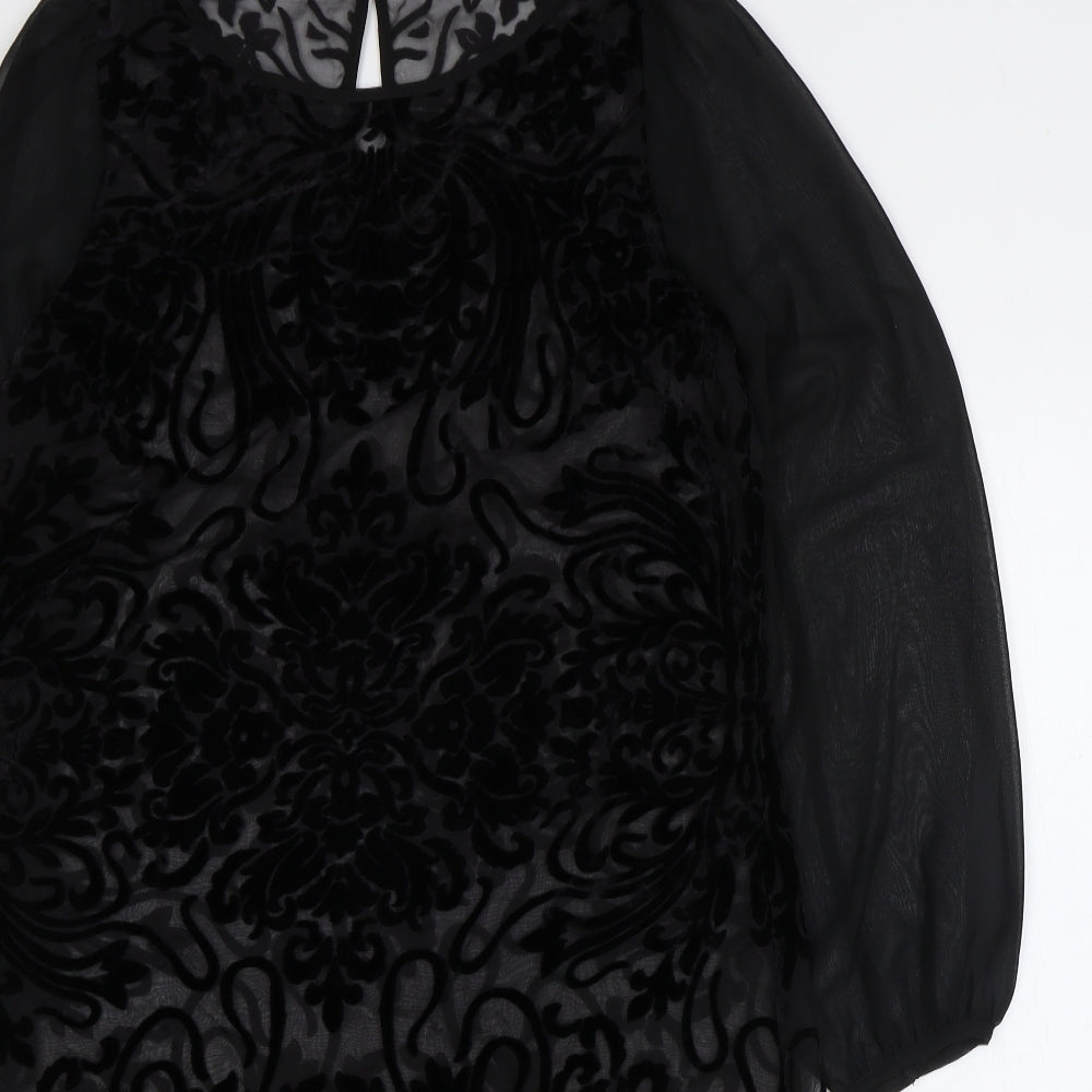 Marks and Spencer Womens Black Paisley Viscose Sheath Size 12 Boat Neck Button - Sheer Sleeves