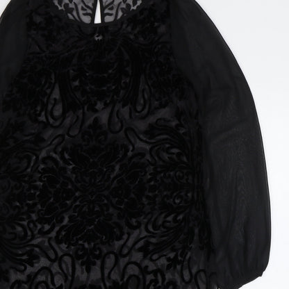 Marks and Spencer Womens Black Paisley Viscose Sheath Size 12 Boat Neck Button - Sheer Sleeves