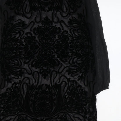 Marks and Spencer Womens Black Paisley Viscose Sheath Size 12 Boat Neck Button - Sheer Sleeves