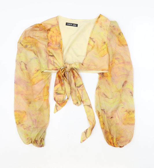 SheIn Womens Orange Geometric Polyester Cropped Blouse Size S V-Neck - Tie Front