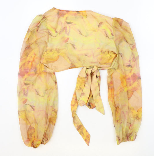 SheIn Womens Orange Geometric Polyester Cropped Blouse Size S V-Neck - Tie Front