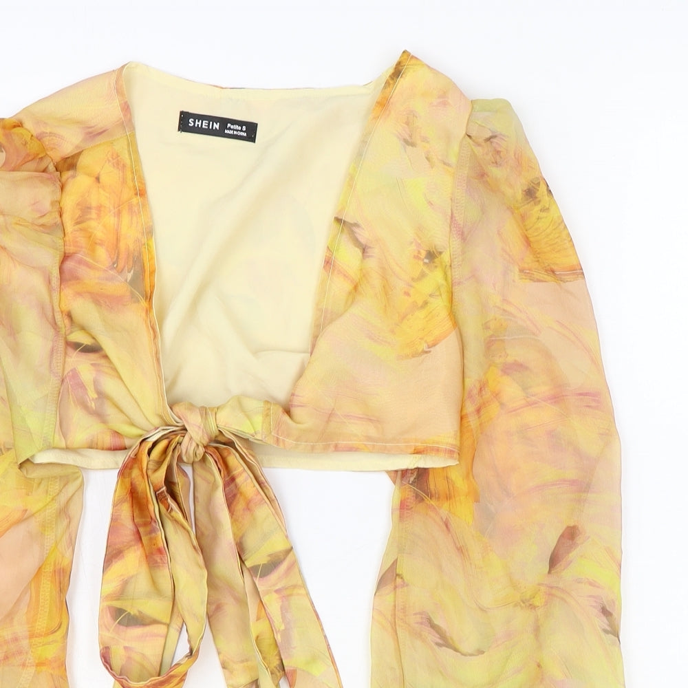 SheIn Womens Orange Geometric Polyester Cropped Blouse Size S V-Neck - Tie Front