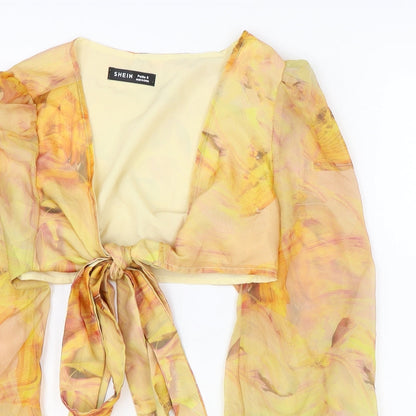 SheIn Womens Orange Geometric Polyester Cropped Blouse Size S V-Neck - Tie Front