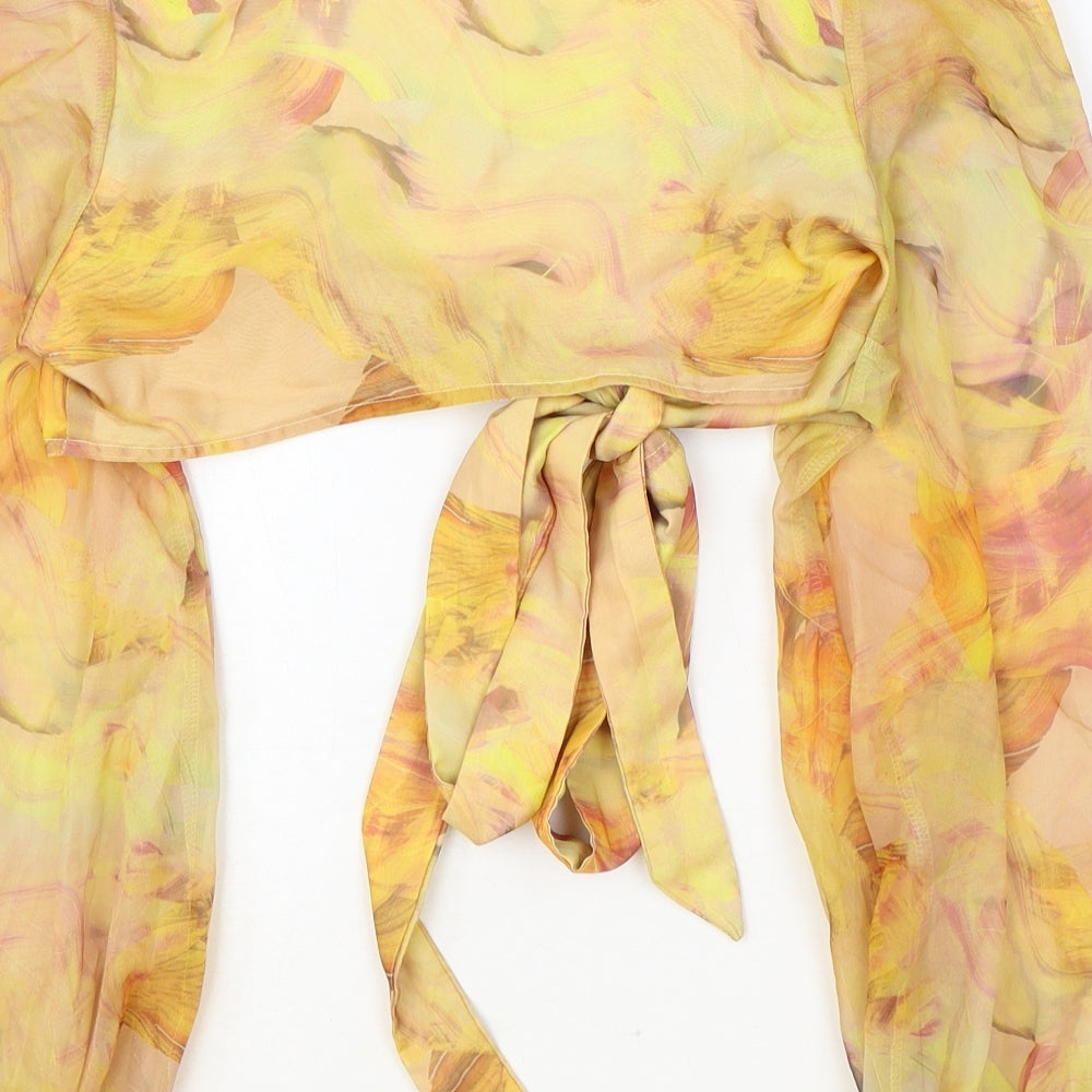 SheIn Womens Orange Geometric Polyester Cropped Blouse Size S V-Neck - Tie Front