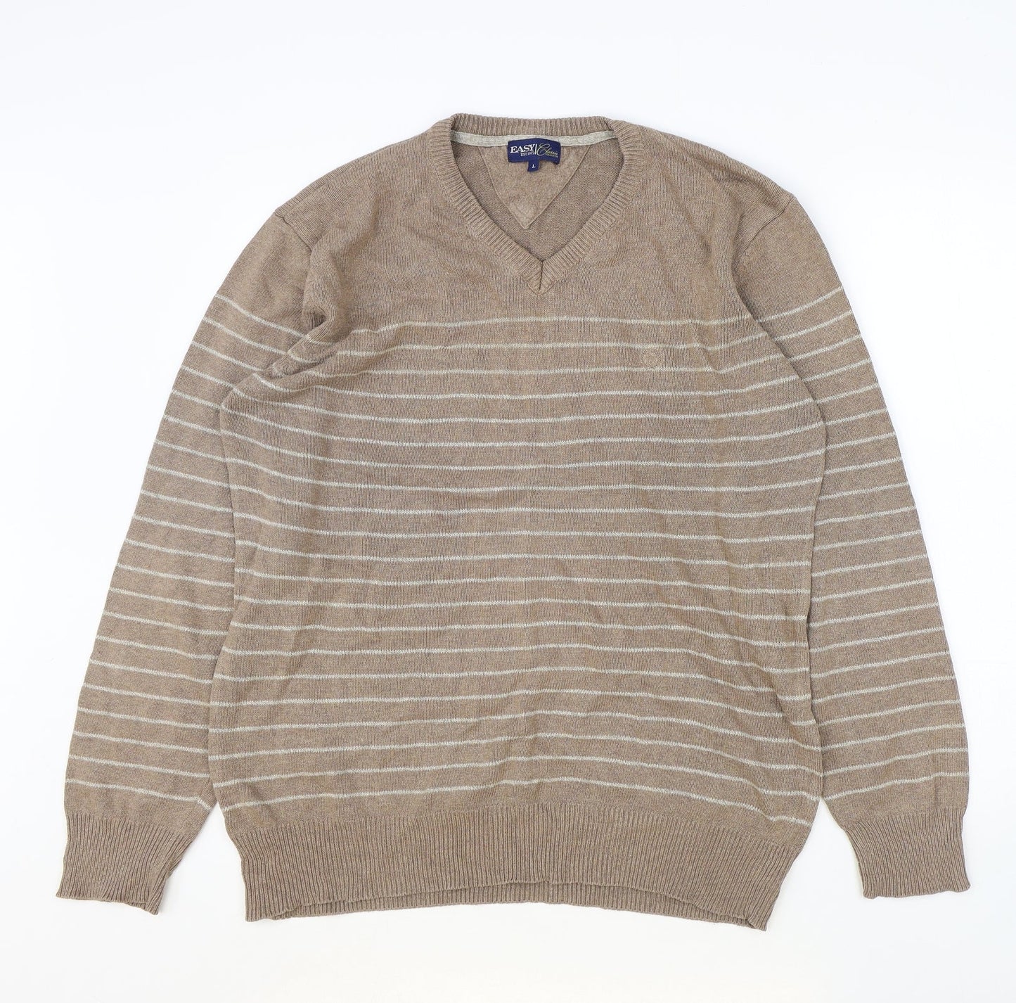 Matalan Mens Brown V-Neck Striped Acrylic Pullover Jumper Size L Long Sleeve