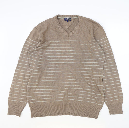 Matalan Mens Brown V-Neck Striped Acrylic Pullover Jumper Size L Long Sleeve