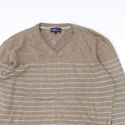 Matalan Mens Brown V-Neck Striped Acrylic Pullover Jumper Size L Long Sleeve