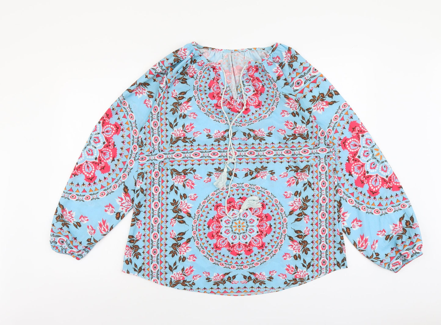 SheIn Womens Blue Floral Polyester Basic Blouse Size M V-Neck