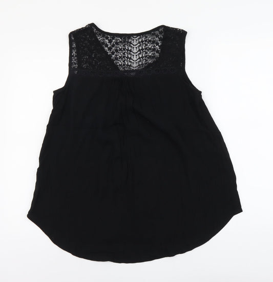 M&Co Womens Black Cotton Basic Tank Size 8 Scoop Neck - Lace Detail