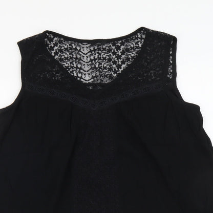 M&Co Womens Black Cotton Basic Tank Size 8 Scoop Neck - Lace Detail
