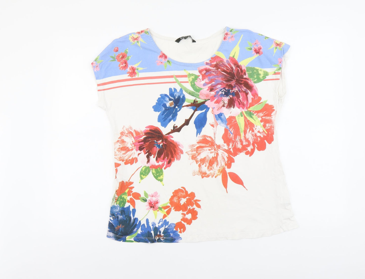 Bonmarché Womens White Floral Cotton Basic Blouse Size 12 Boat Neck
