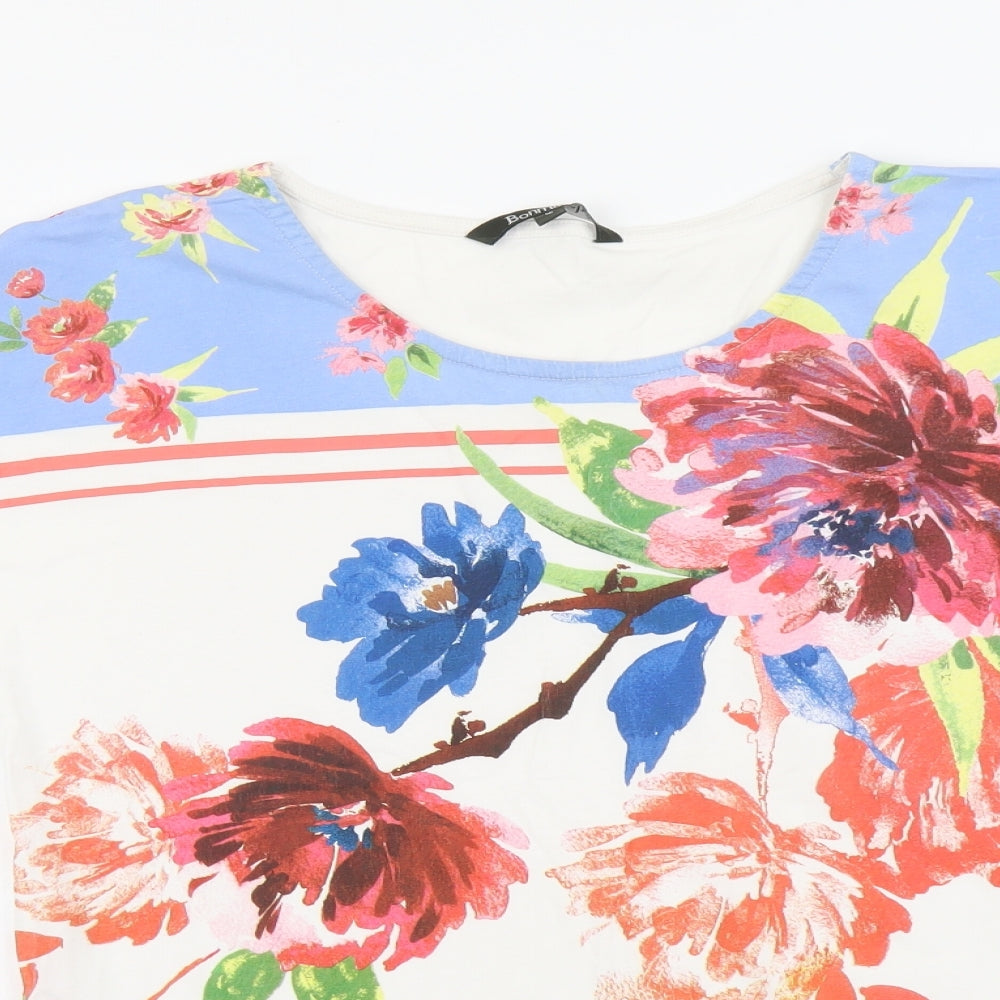 Bonmarché Womens White Floral Cotton Basic Blouse Size 12 Boat Neck