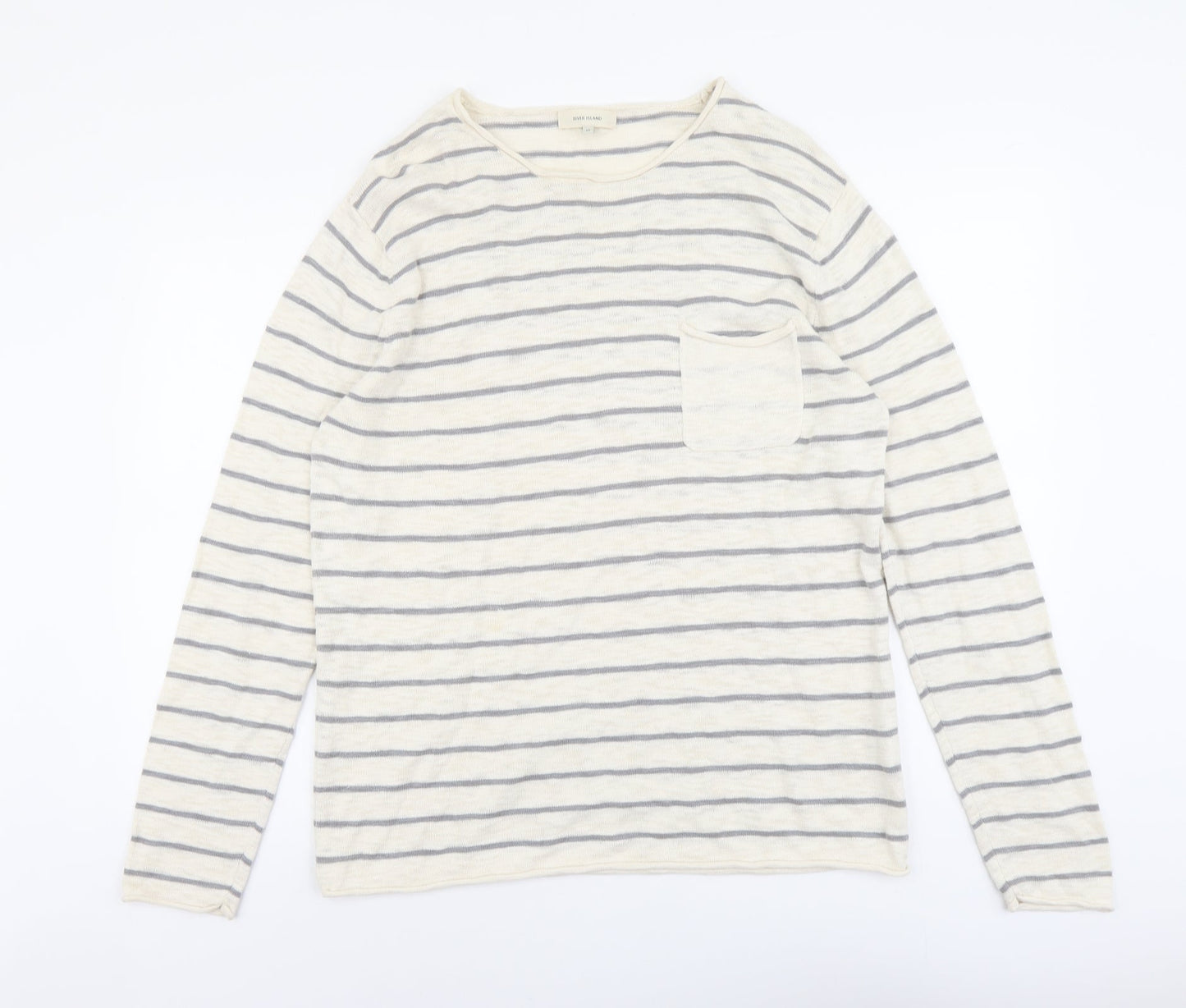 River Island Mens Beige Round Neck Striped Cotton Pullover Jumper Size M Long Sleeve
