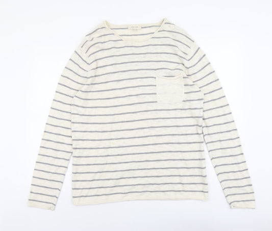 River Island Mens Beige Round Neck Striped Cotton Pullover Jumper Size M Long Sleeve