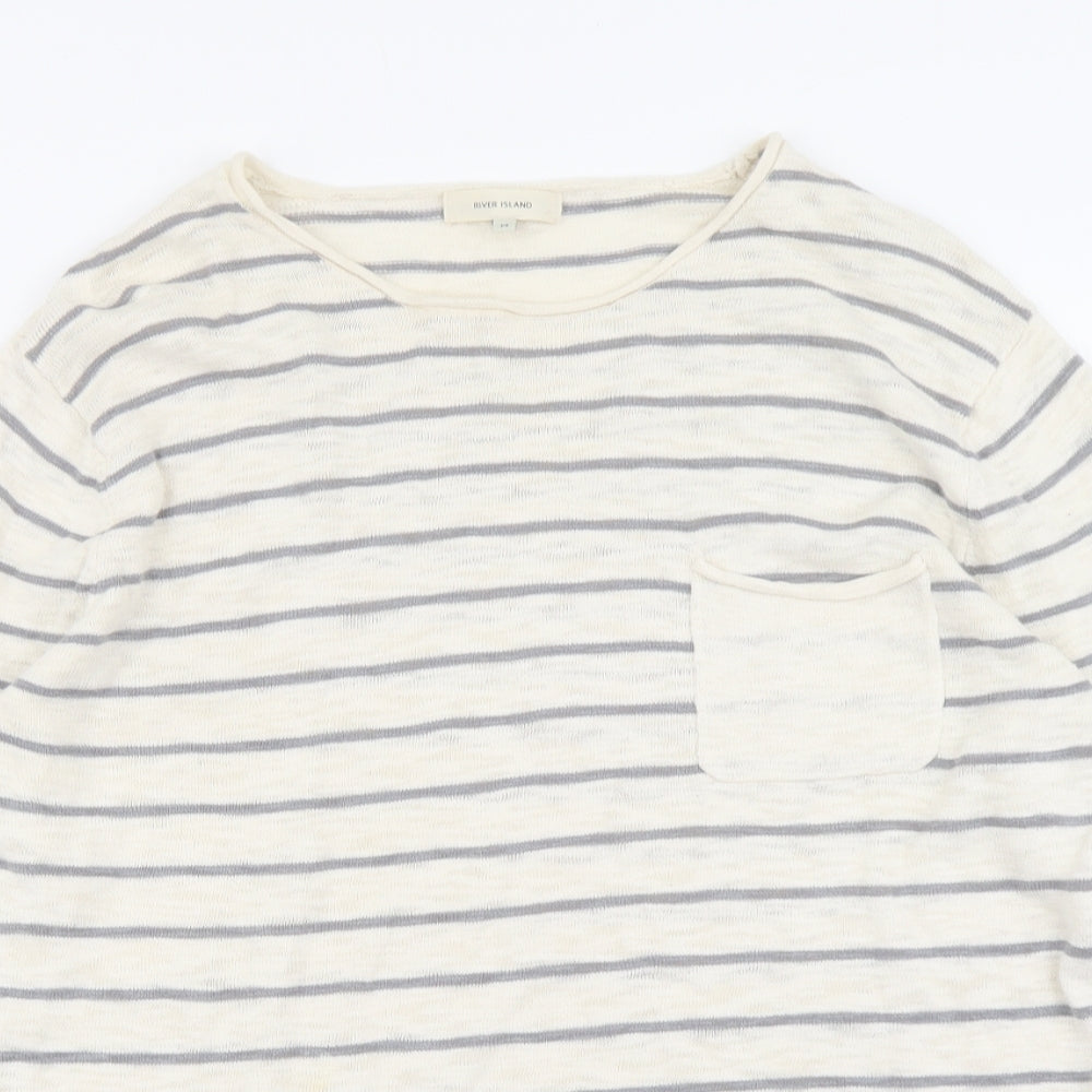 River Island Mens Beige Round Neck Striped Cotton Pullover Jumper Size M Long Sleeve