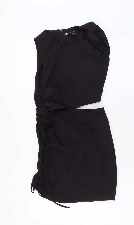 Zara Womens Black Cotton Mini Size XS Boat Neck Zip