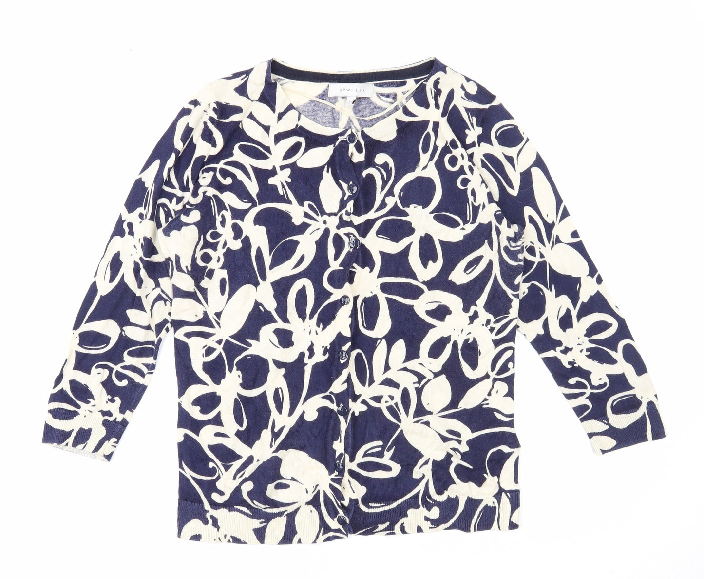 Kew 159 Womens Blue Round Neck Floral Cotton Cardigan Jumper Size S