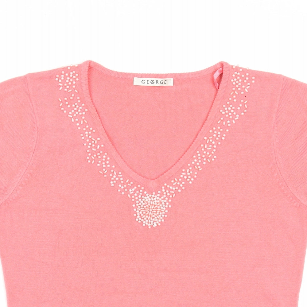 George Womens Pink V-Neck Acrylic Pullover Jumper Size 10