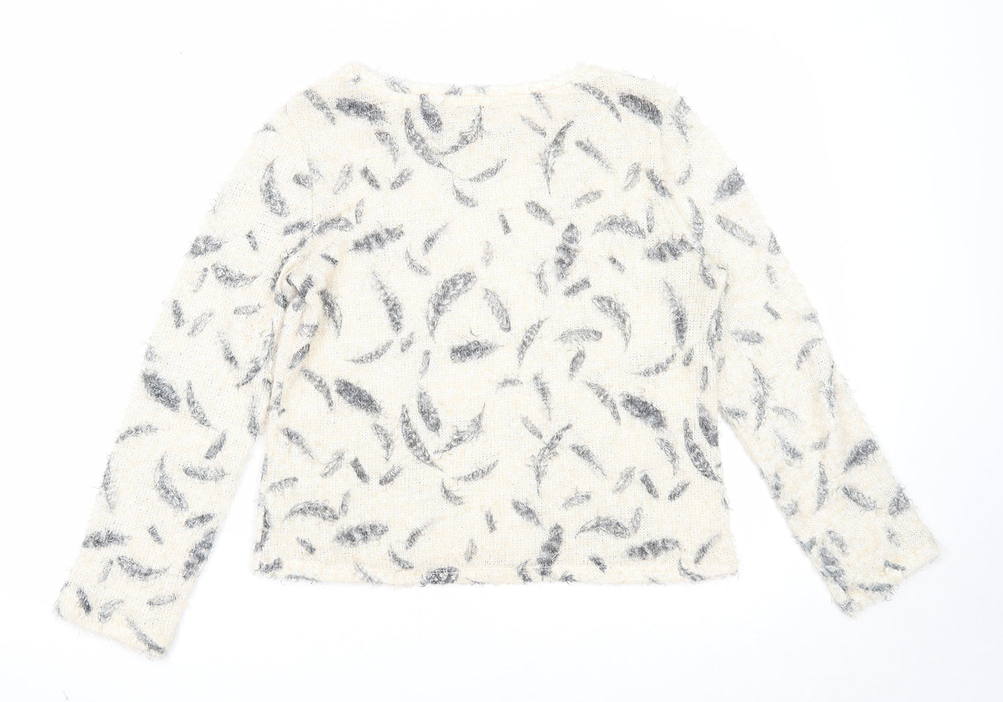 George Womens Beige Round Neck Geometric Polyester Pullover Jumper Size 12 - Feather Print