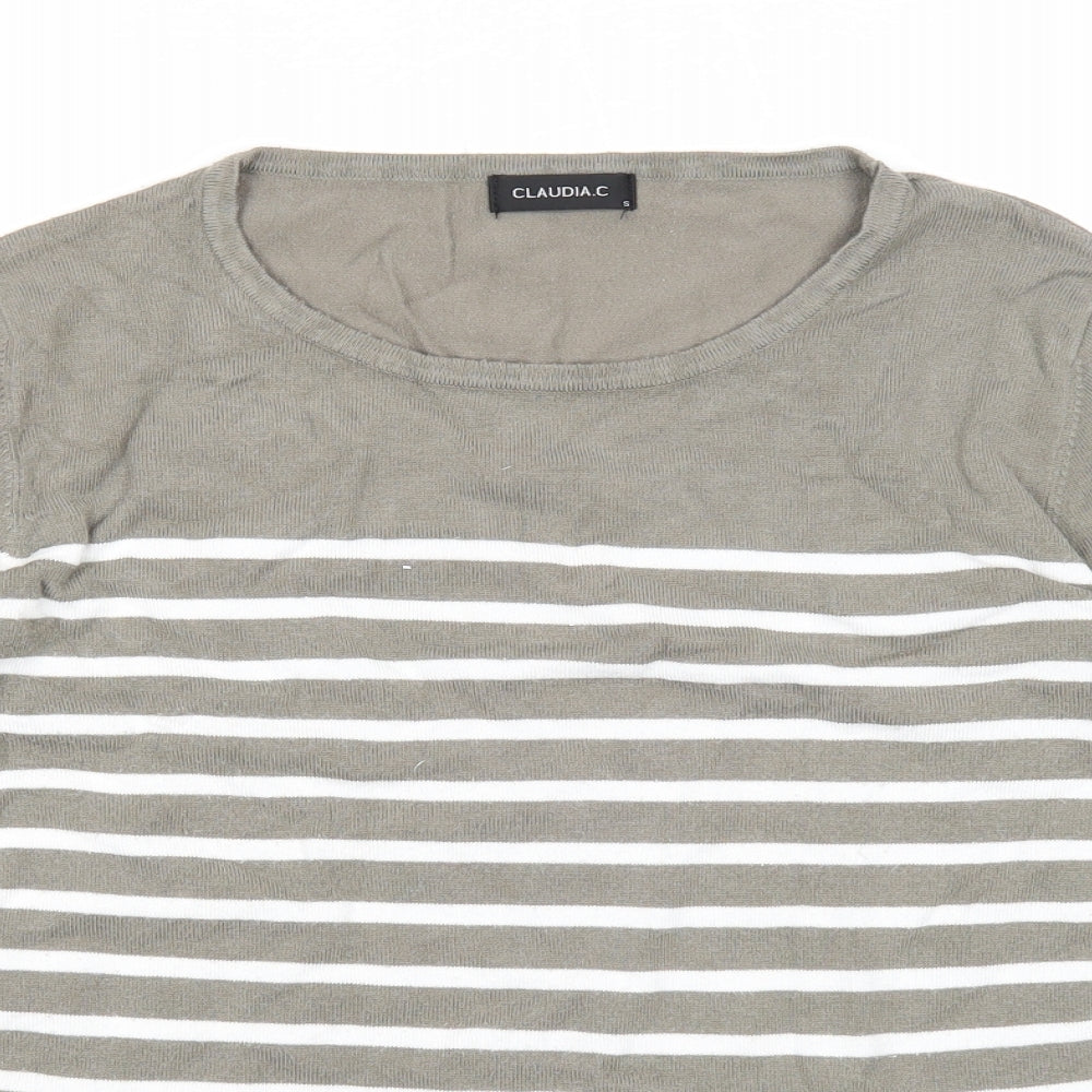 Claudia Ciuti Womens Green Round Neck Striped Viscose Pullover Jumper Size S