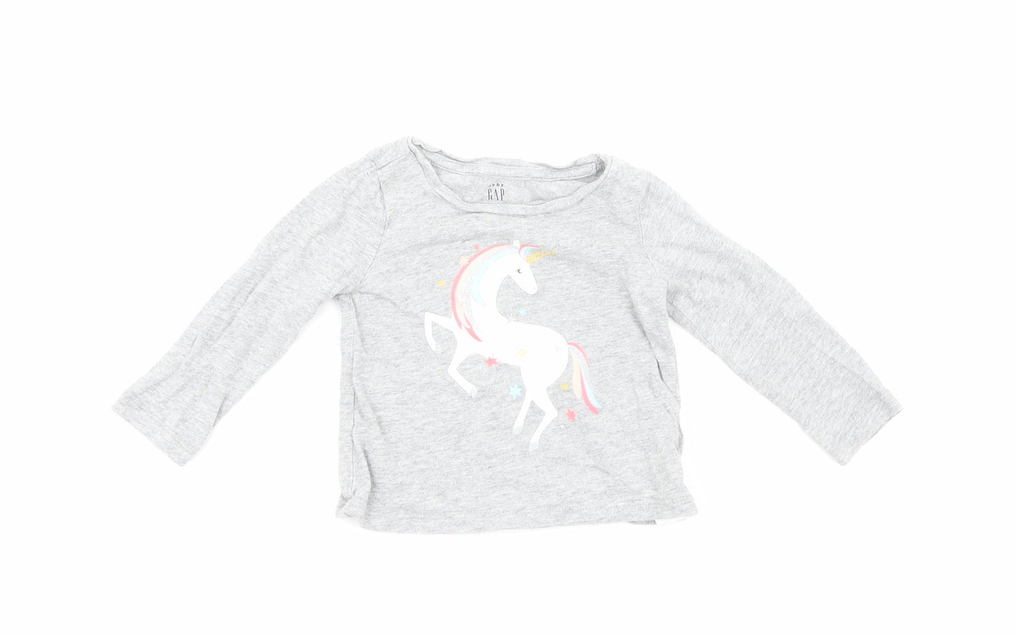 Gap Girls Grey Cotton Basic T-Shirt Size 12-18 Months Round Neck Pullover - Unicorn Print