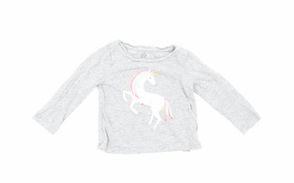 Gap Girls Grey Cotton Basic T-Shirt Size 12-18 Months Round Neck Pullover - Unicorn Print