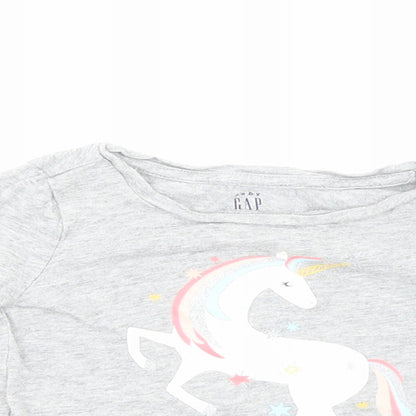Gap Girls Grey Cotton Basic T-Shirt Size 12-18 Months Round Neck Pullover - Unicorn Print
